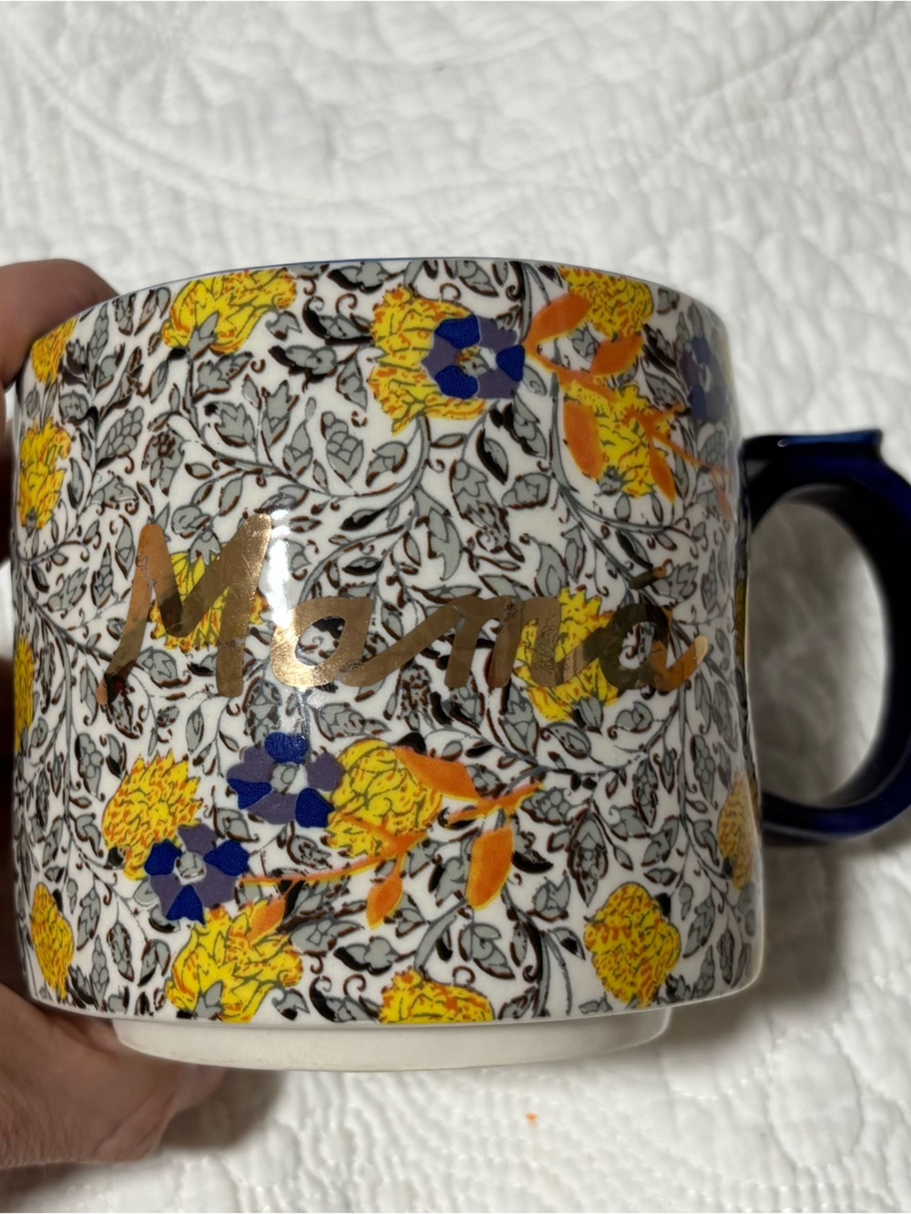 Anthropologie Floral Mug with Gold Script and Blue Handle
